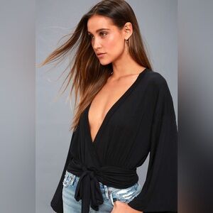 Free people That's a Wrap Black Bell Sleeve Crop Top